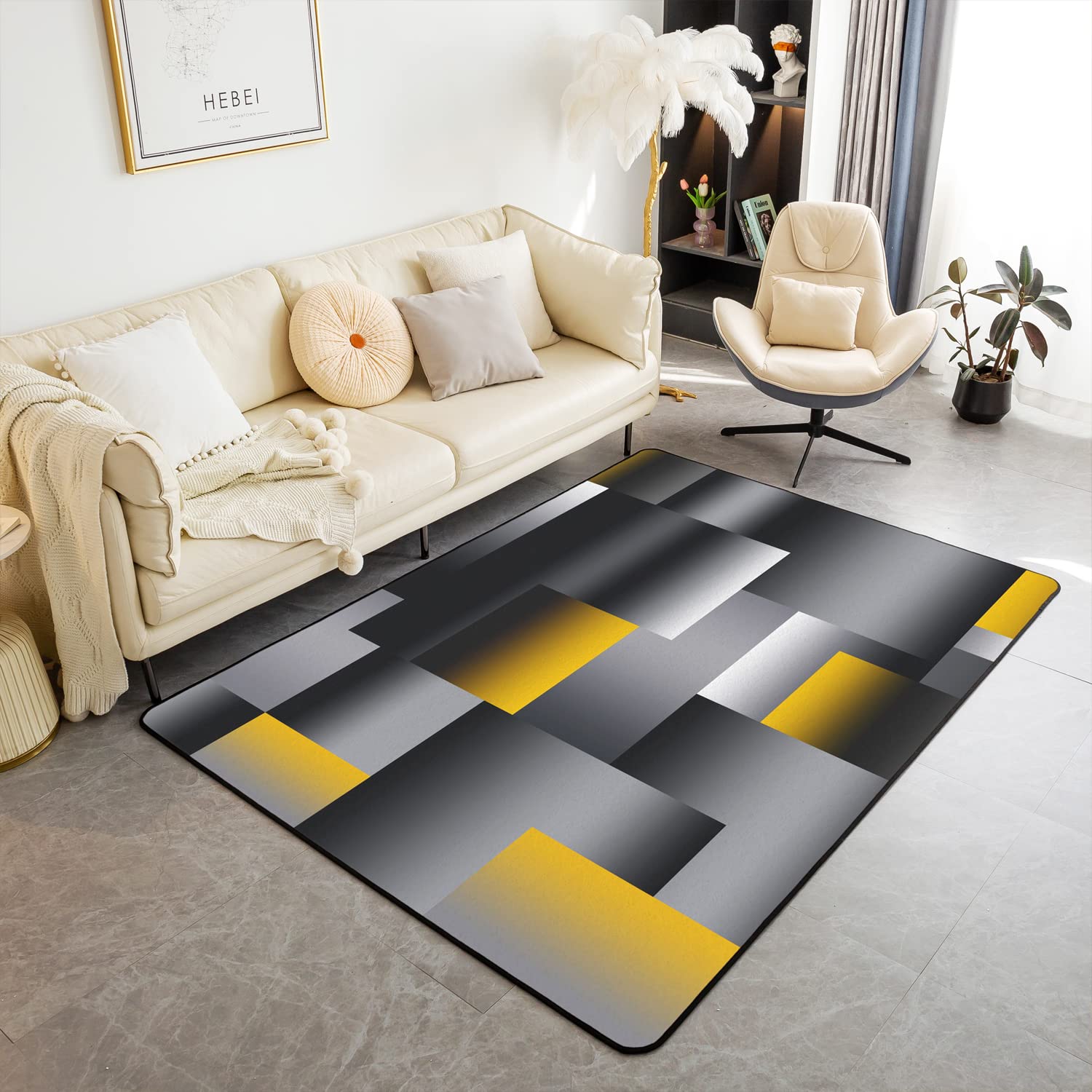 Loussiesd Black Yellow Geometric Area Rug Kids 3D Rendering Abstract Art Living Room Rugs for Bedroom Rectangle Carpet Modern Floor Mat Accent Rug Decor 100 * 150cm โ image 1