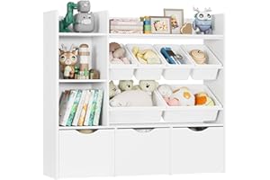 FACBOTALL Toy Storage Organizer with 3 Movable Drawers, Kids Bookshelf with 6 Plastic Bins & 2 Storage Cubbies, Toy Chest with Hidden Wheels, Toy Storage Box for Playroom, Classroom, Kids Room, White