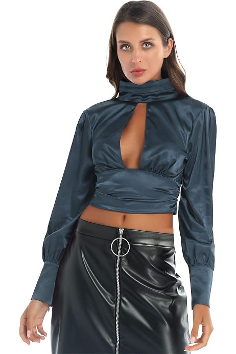 Satin Blouse Turtleneck Backless Shirt 