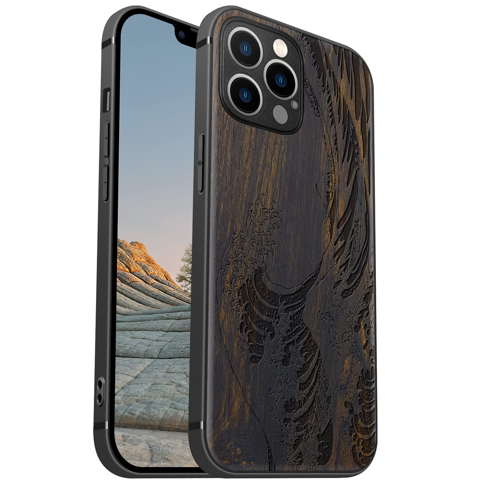 Carveit Magnetic Wood Case for iPhone 12 Pro - Hard Real Wood & Soft TPU - Shockproof Protective Cover - Unique & Classy Wooden Case - Compatible with MagSafe - The Great Wave Off Kanagawa (Blackwood)