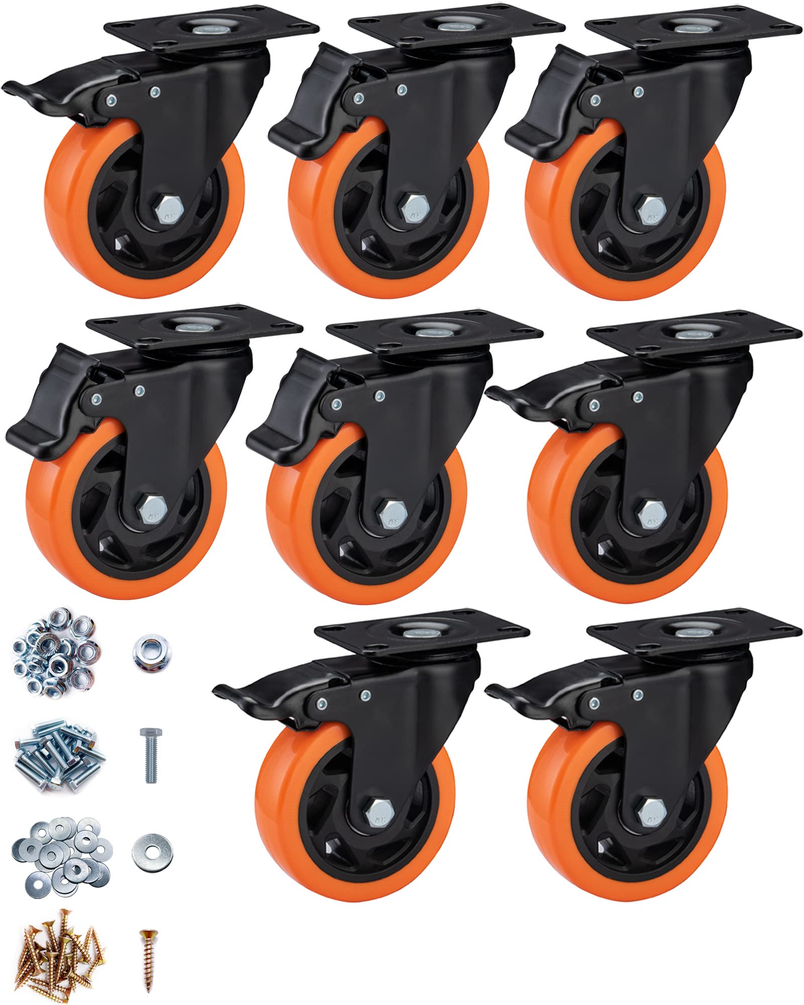 ASRINIEY 100mm Heavy Duty Swivel Castors With Brake (Top Plate) - Set of 8 Caster Wheels for Furniture, Non-Marking Orange Polyurethane Trolley