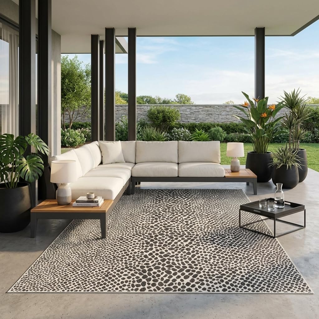 Unique Loom Outdoor Collection Area Rug – Cape Town (10′ x 13′ 1″ Rectangle, Black/ Ivory)