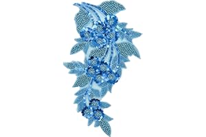 SAIXCCS 1pc Large Flower Rhinestone Applique Blue, Embroidery Sequin Patches for Clothes,Beaded Lace Applique for Wedding Bridal Dress Bodice Hat Sewing Craft for Girl Embellishment(Blue)