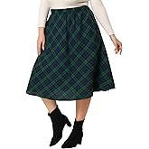 Agnes Orinda Plus Size Vintage Skirt for Women A-line Plaid Printed Flare Elastic High Waist Christmas Midi Skirts