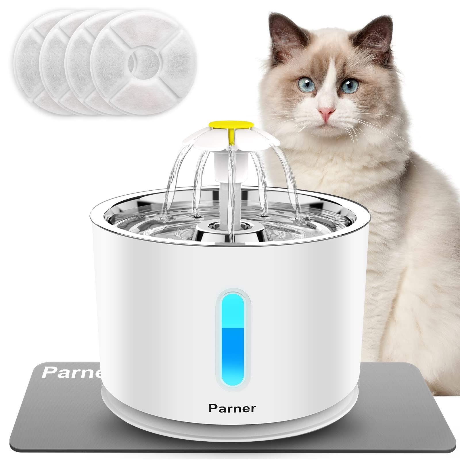 Cat Drinking Fountain, Water Dispenser for Cats with Water Level Window, Cat Water Fountain Stainless Steel with 4 Pieces Hygiene Filter & 1 Silicone Mat, Drinking Fountain for Pets with LED Light