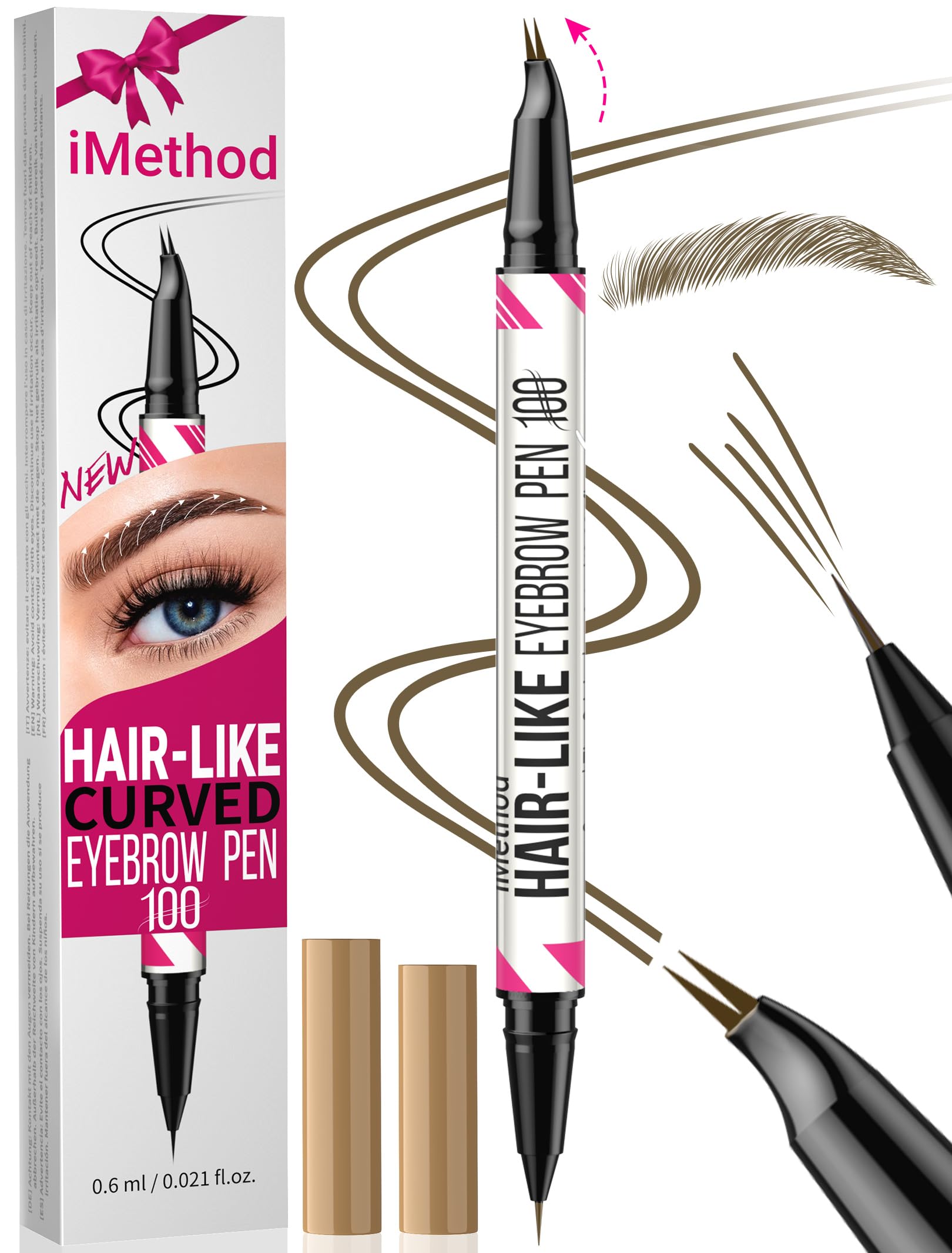 iMethod Curved Eyebrow Pen - Eyebrow Pencil, Brow Pencil 2-in-1 Dual-Ended Microblading Eyebrow Pen with Curved Tip and Precise Brush-Tip, Brow Pen for Natural Hair-Like Brows, Last All-Day, Brown