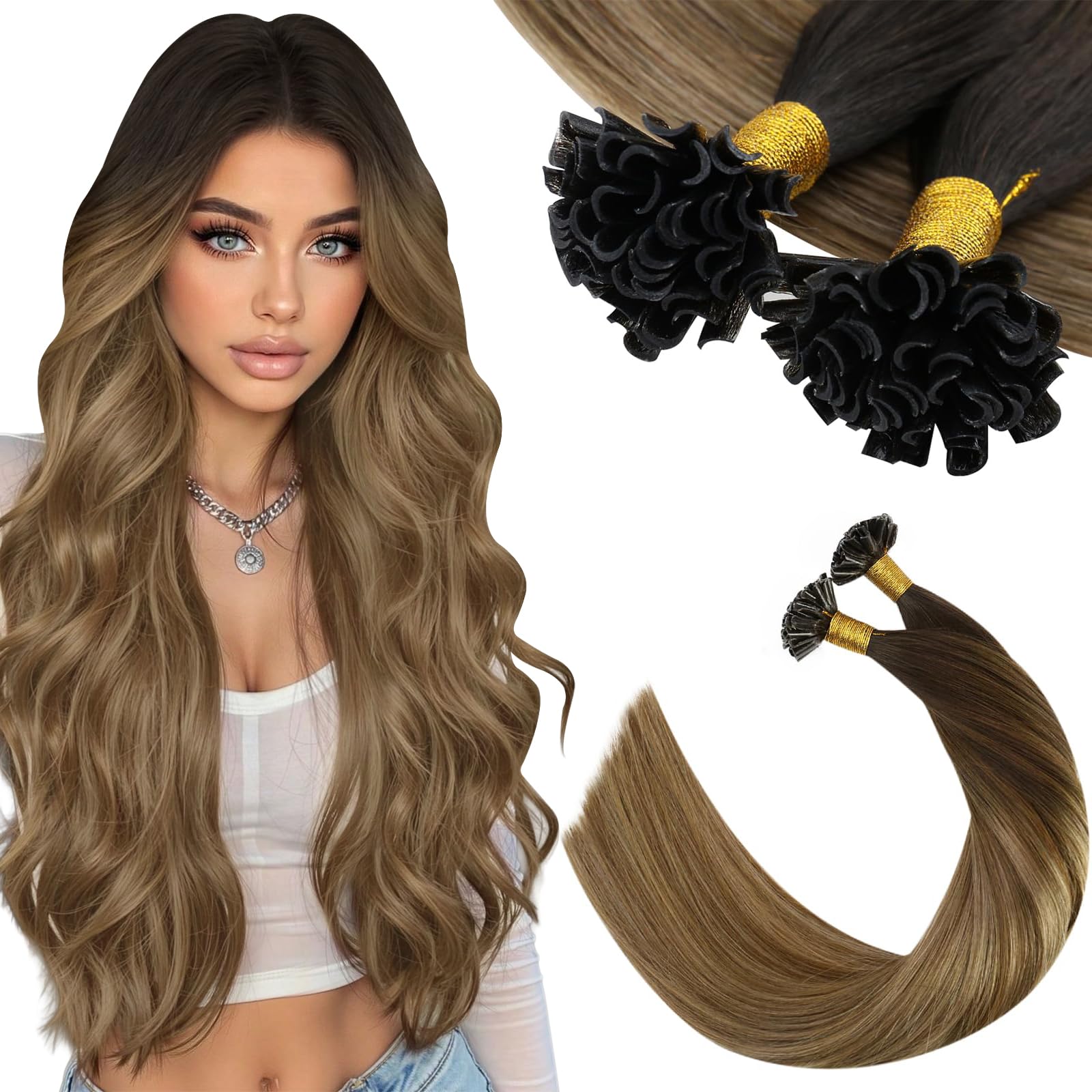 Ugeat U Tip Hair Extensions Real Human Hair Dark Brown Utip Hair Extensions Human Hair Balayage Dark Brown to Golden Brown Mix Golden Blonde Pre Bonded 14 Inch 50S 50G โ image 1