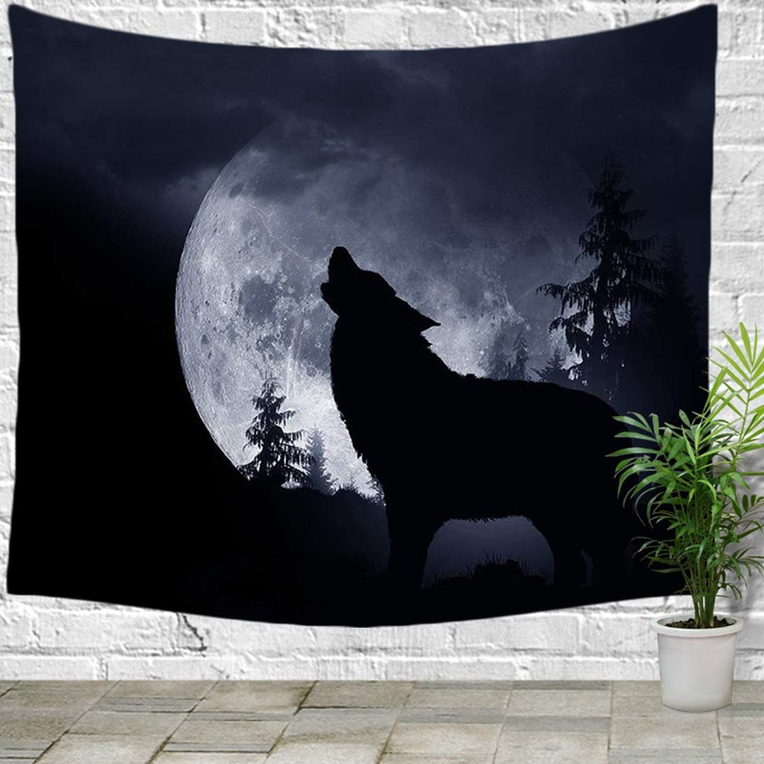 FELENIW Full Moon Night Wild Animal Wolf Howling in The Forest Trees Tapestry Wall Hanging Tapestry Blanket Decorate Home Table Bedroom Living Room (60x40 inches)