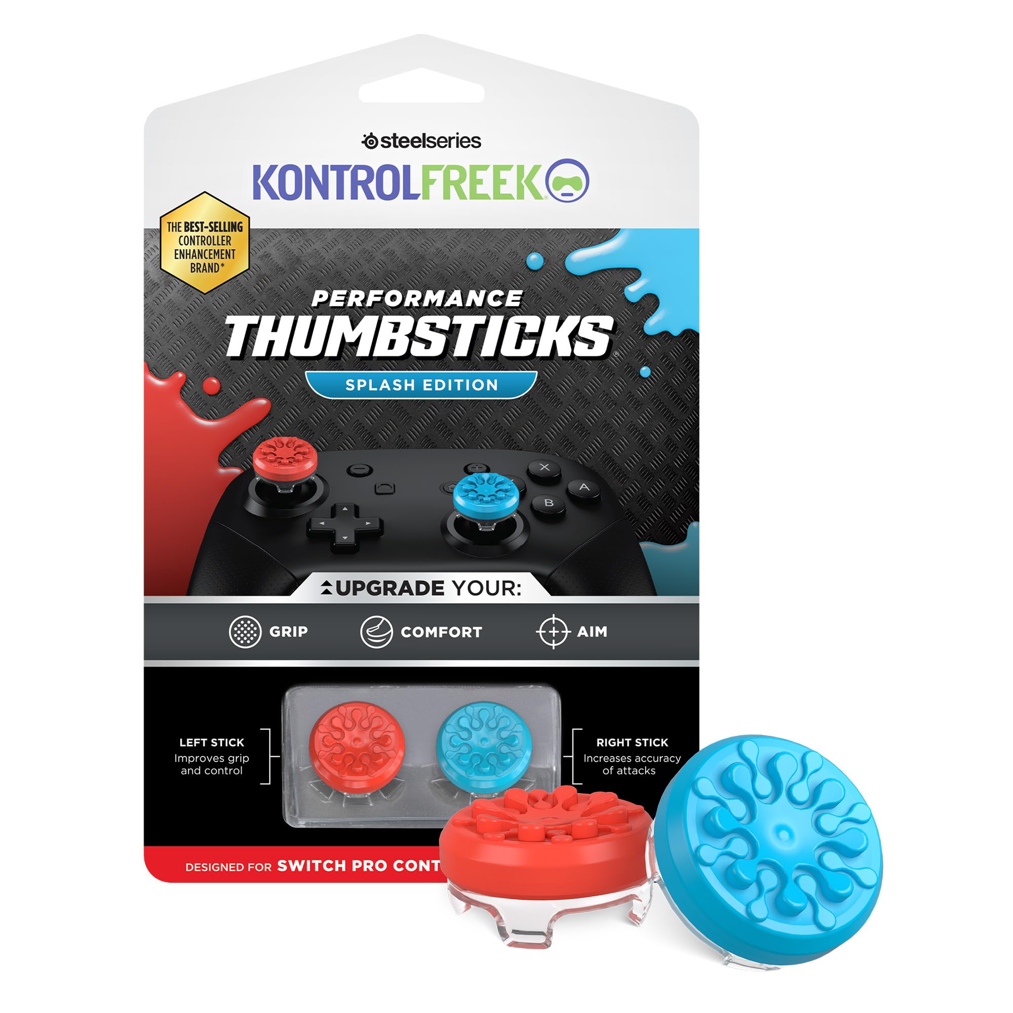KontrolFreek Splash for Nintendo Switch Pro Controller | Performance Thumbsticks | Concave | Blue/Red
