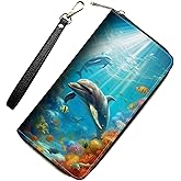 RUUHLJLET Womens Wallet,RFID Blocking Large Capacity Clutch,Zip Around Leather Purse with 8 Card Slots,Bill Compartments Coin Pocket - Dolphins