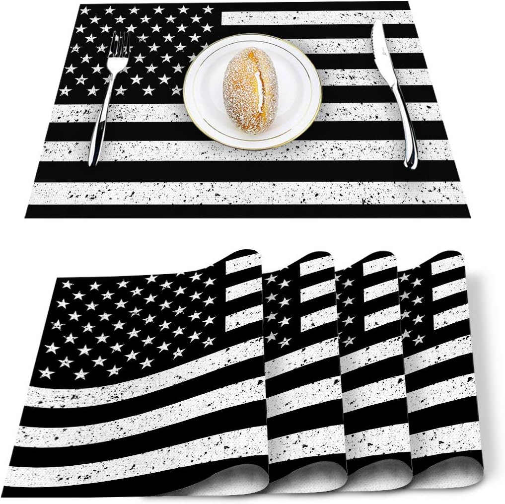 Artwork Store Vintage American Flag Black Table Placemats Set of 4, Cotton Linen Heat Resistant Table Mats Non-Slip Washable Placemat for Holiday Banquet Dining Kitchen Table Decor