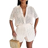 Alunzoem Short Sets for Women 2 Piece Outfits Crochet Knit Hollow Out Short Sleeve Button Down Shirts Bodycon Shorts Set