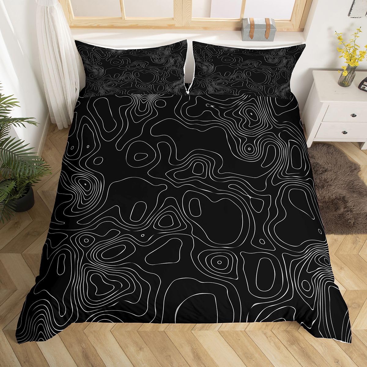 Loussiesd Galaxy Print Bedding Set for Kids Boys Girls Stylish Topographic Contour Design Comforter Cover Set Geometric Duvet Cover Black White Bedspread Cover Bedding Collection 3Pcs Double