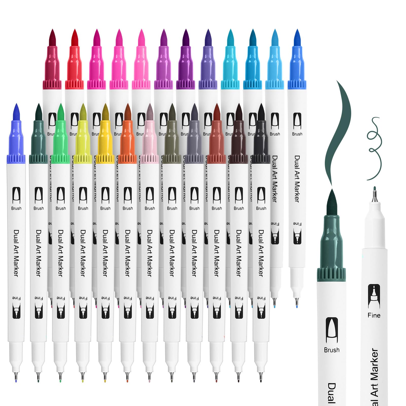 CHARSOCO Dual Tip Brush Pens Set Of 24 Coloured, Colouring Pens brush pens,Fine Tip 0.4mm and Watercolour Brush Tip 1-2mm, Coloured drawing pens for Artists，Beginners