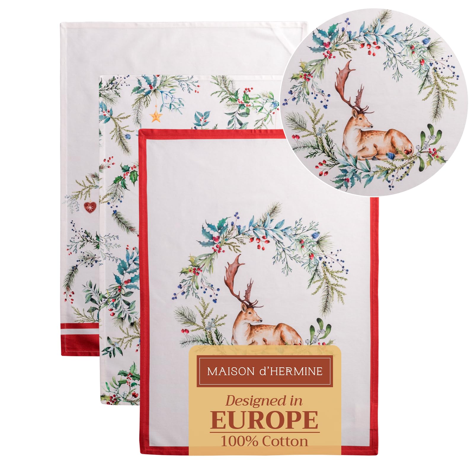 Maison d' Hermine Kitchen Towels Set of 3 100% Cotton 70 CM x 50 CM Reusable Cloth Tea Dish Towels Absorbent with Hanging Loop for Kitchen Dining Christmas Decorations (Holly Time)
