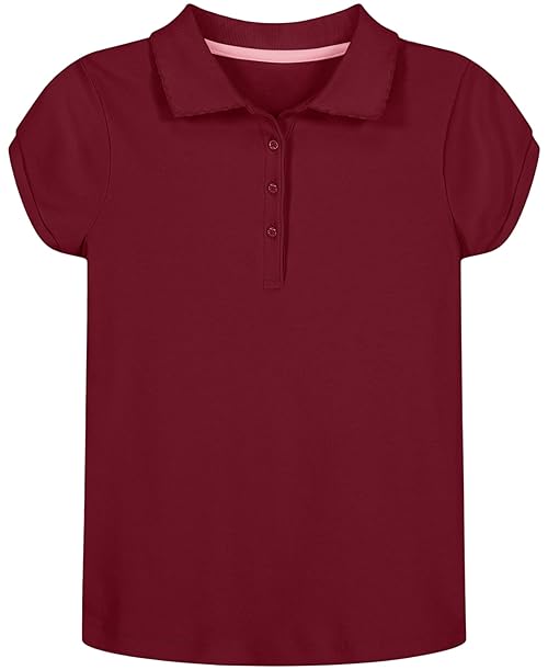 Nautica Girls' School Uniform Short Sleeve Polo Shirt, Button Closure, Soft Pique Fabric, Burgundy, 12-14 Plus