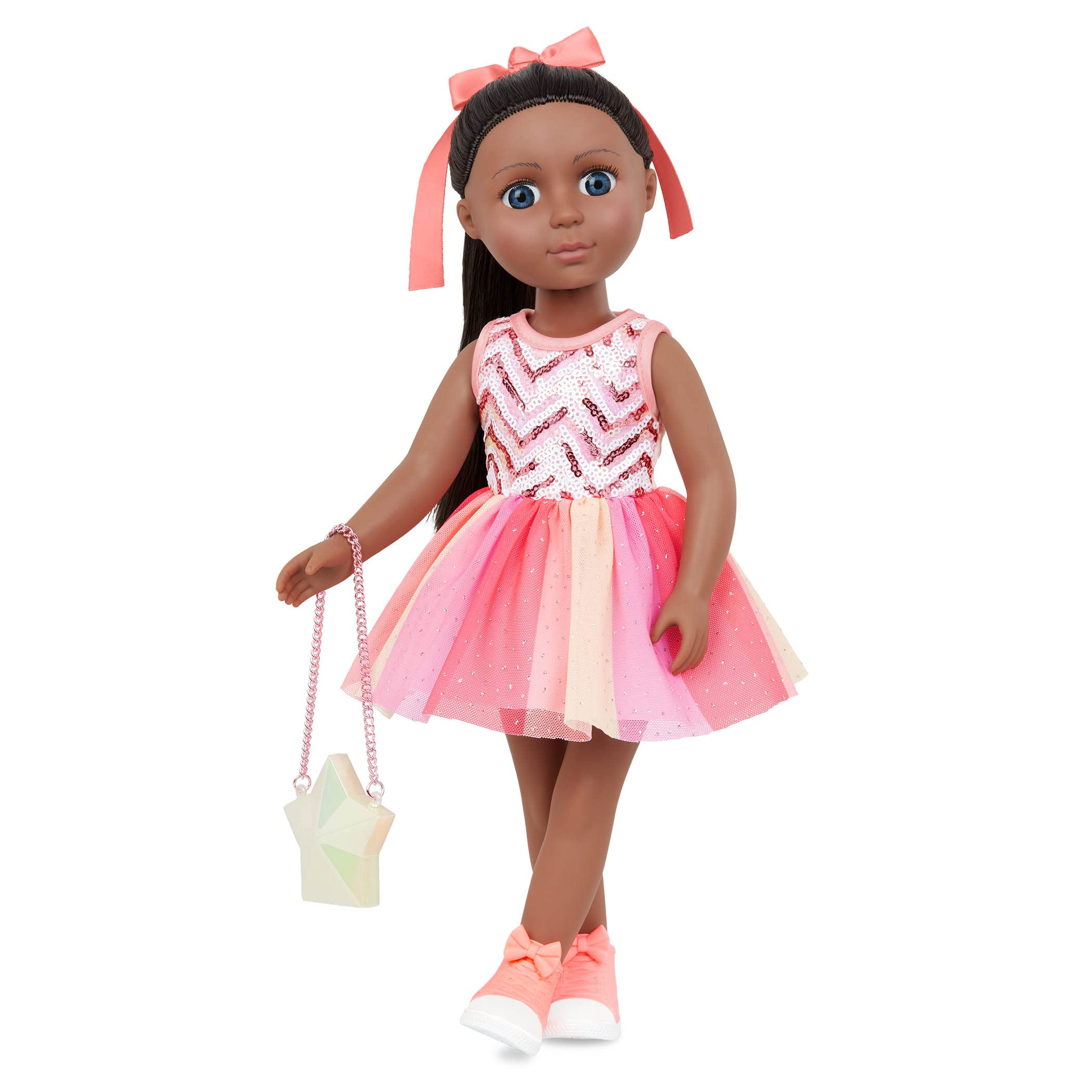 Glitter Girls – 14-Inch Doll Clothes – Sequined Party Dress – Pink High – Tops & Star Purse – Elastic Hair Bow – 3+ Years– Starlight Delight