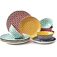 DOWAN Ceramic Plates and Bowls Sets, 12-Piece Dinnerware Sets for Christmas Decor, Colorful Dish Set for 4, Porcelain Dinner Dessert Plates,and Soup Bowls Set for Thanksgiving Party