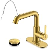KENES Pull Down Bathroom Faucet with Sprayer, Brushed Gold Single Handle Bathroom Sink Faucet with Pull Out Sprayer, Vanity Bar Faucet with Pop Up Drain & Deck Plate, LJ-9055A-4