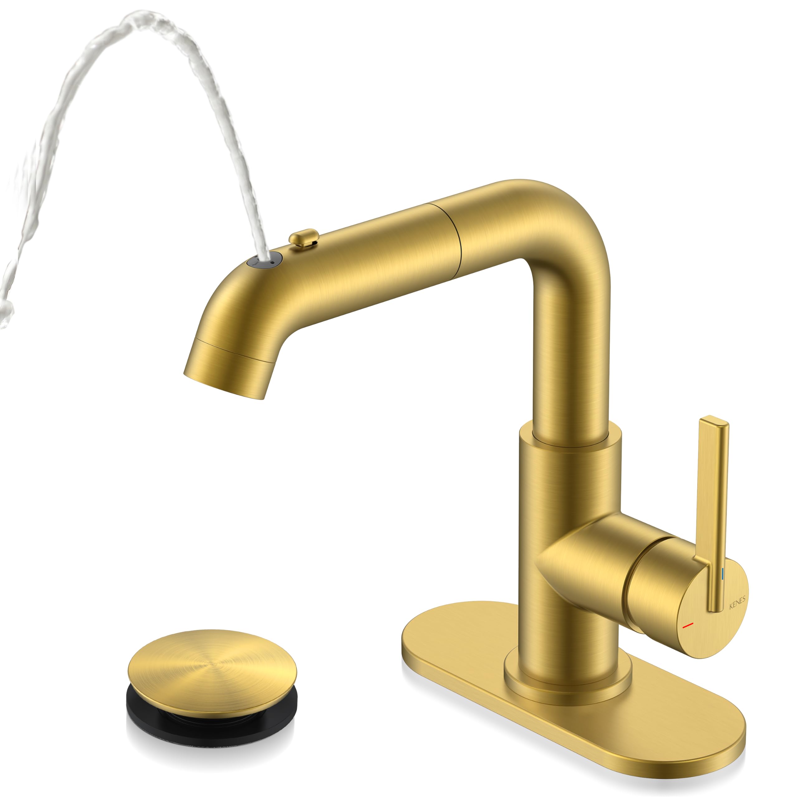 Photo 1 of KENES Pull Down Bathroom Faucet with Sprayer, Brushed Gold Single Handle Bathroom Sink Faucet with Pull Out Sprayer, Vanity Bar Faucet with Pop Up Drain & Deck Plate, LJ-9055A-4