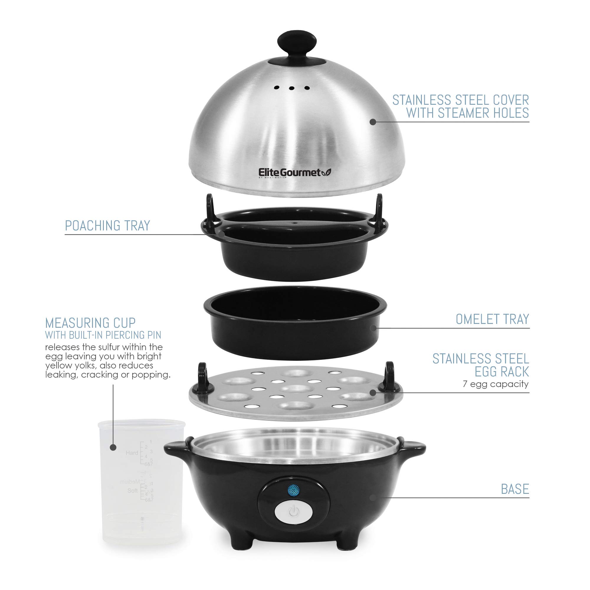 Elite Gourmet EGC-508 Rapid Egg Cooker, 7 Easy-To-Peel, Hard, Medium, Soft Boiled Eggs, Poacher, Omelet Maker, Auto Shut-Off, Alarm, 16-Recipe Booklet, Stainless Steel