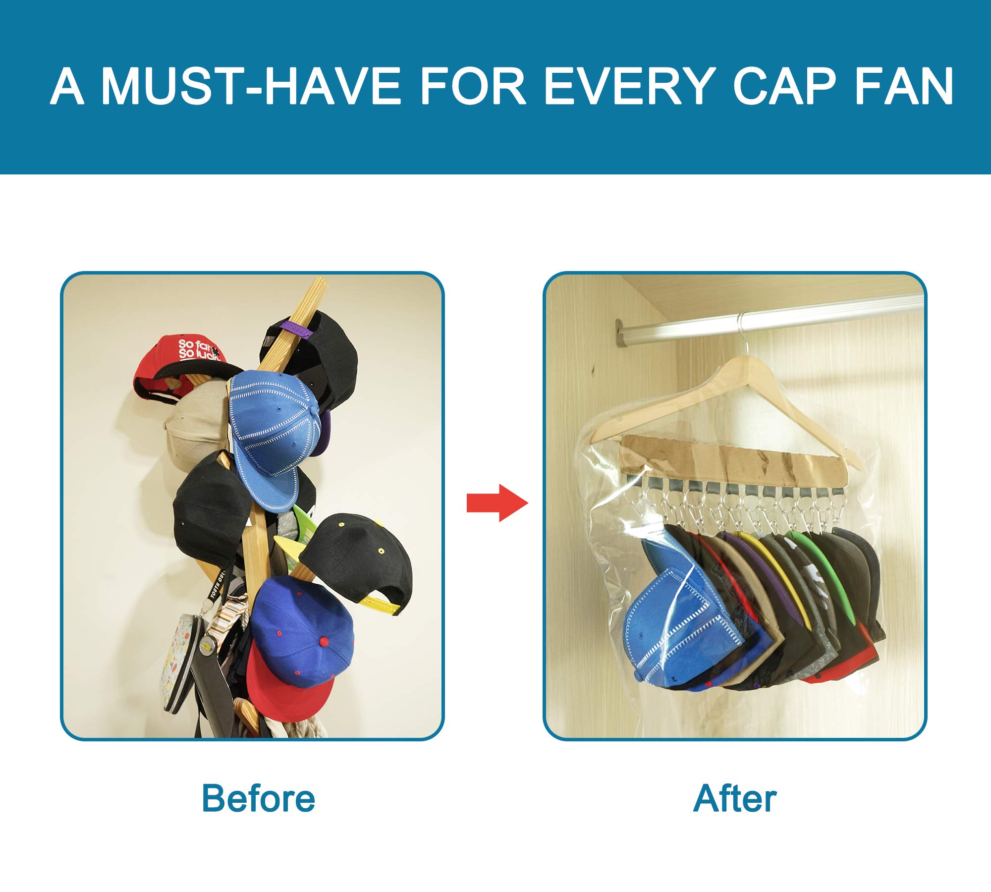 B.SHINE Hat Rack Cap Organizer - 12 Clips Hanging Baseball Caps Holder with Dust Cover