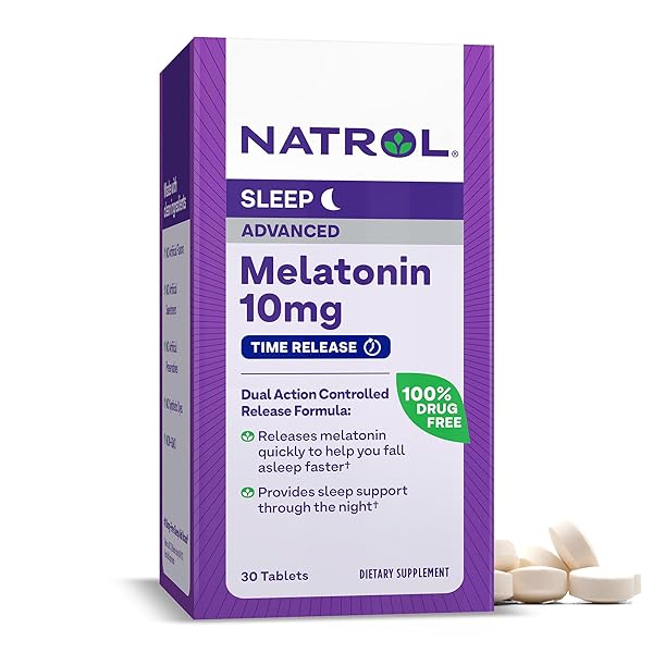 NATROL MELATONIN ADVANCED SLEEP TABLETS WITH VITAMIN B6, HELPS YOU FALL ASLEEP FASTER, STAY ASLEEP LONGER, 2-LAYER CONTROLLED RELEASE, 100% DRUG-FREE, MAXIMUM STRENGTH, 10MG, 30 COUNT