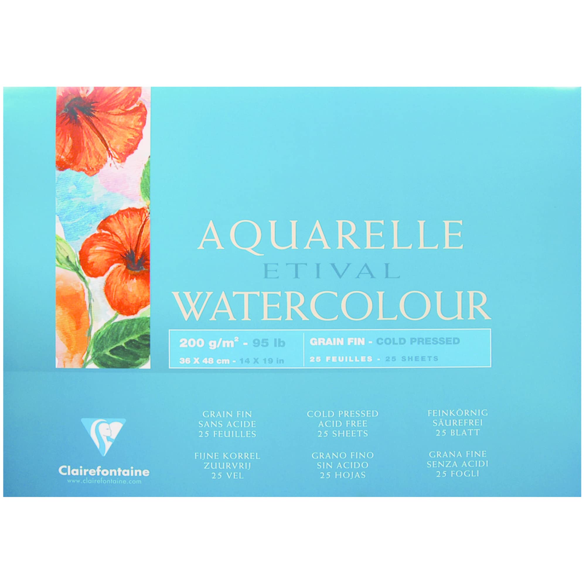 Clairefontaine - Ref 96457C - Etival Cold Pressed Glued Watercolour Painting & Drawing Pad (25 Sheets of Paper) - 36 x 48cm - 200gsm Cellulose Art Paper