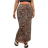 Floerns Women's Plus Size Leopard Print Mesh High Waisted Maxi Skirts