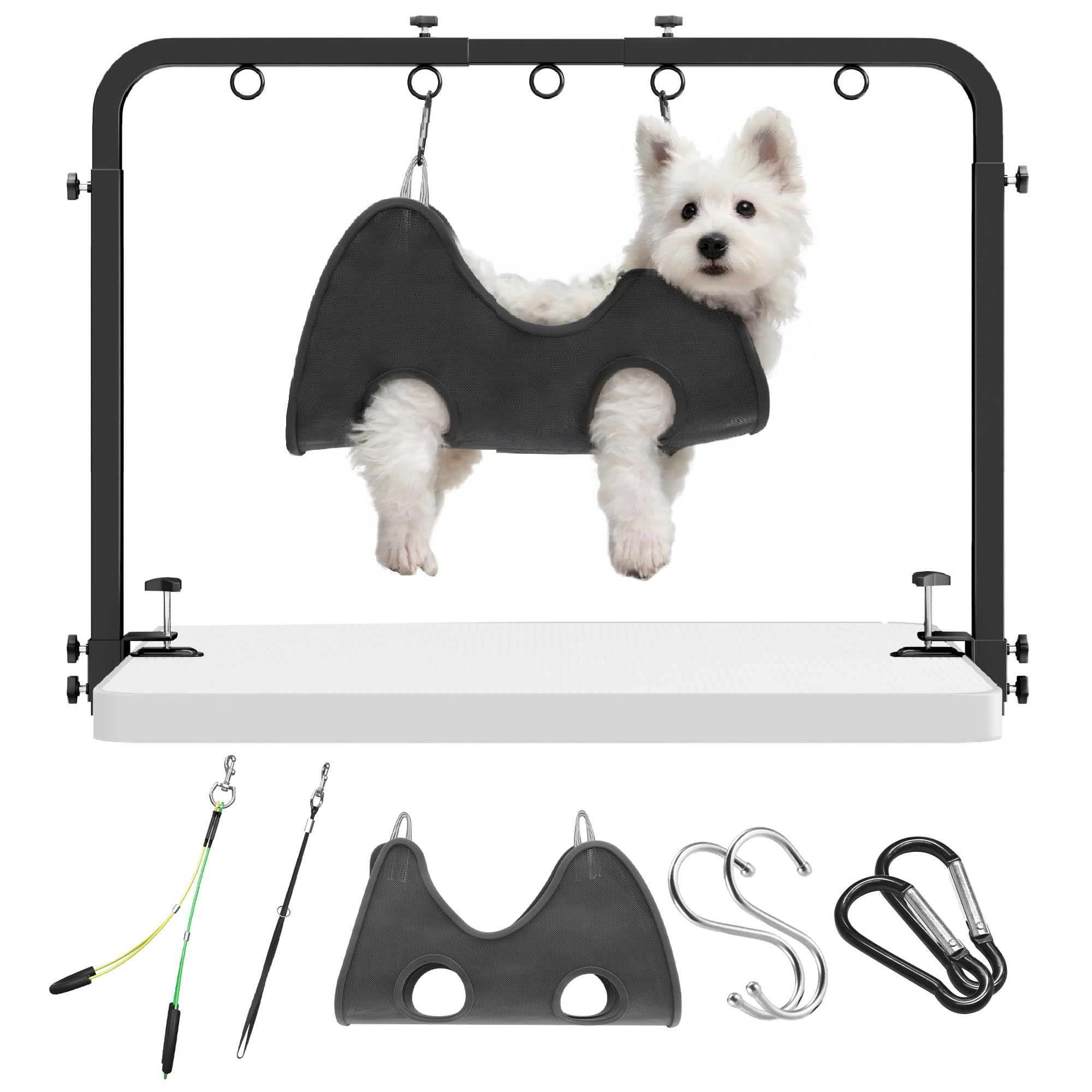 Photo 1 of Josmimic Adjustable Dog Grooming Arm for Table: 42'' Height, 27''–39'' Width, Clamp Fits Up to 2.76'', with Hammock & 2 Nooses – Portable Pet Grooming Station for Nail Trimming, Cats & Dogs at Home`
