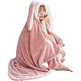 Cute Rabbit Wearable Hooded Blanket Women Girls Soft Cozy Flannel Fleece Bunny Ear Oversize Blanket with Hand Gloves
