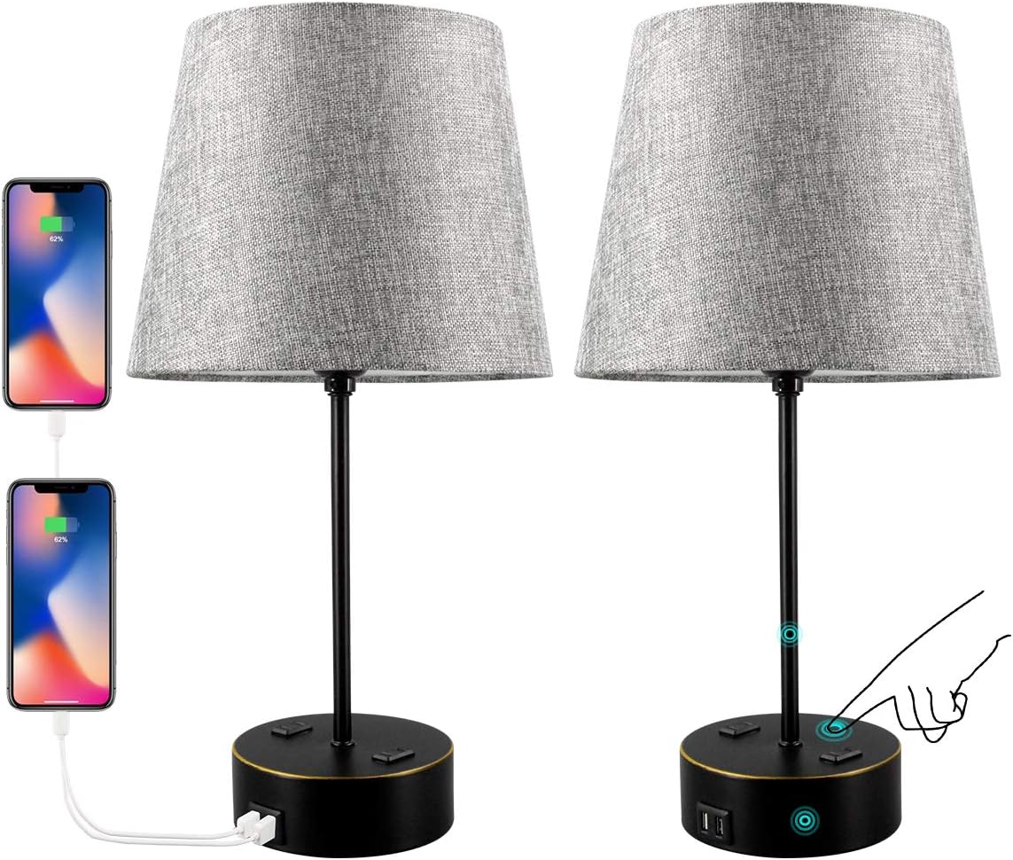 Usb Table Lamps 3 Way Touch Control Table Lamp Dimmable Bedroom Nightstand Lamp With Dual Usb Charging Port And Dual Ac Outlet E26 Bulb Include Suitable For Bedroom Living Room Office Grey
