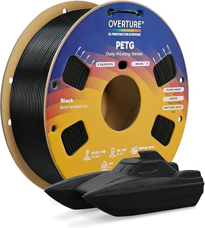 Overture PETG Filament 1.75mm Black 1kg Spool High Strength FDM 3D Printer
