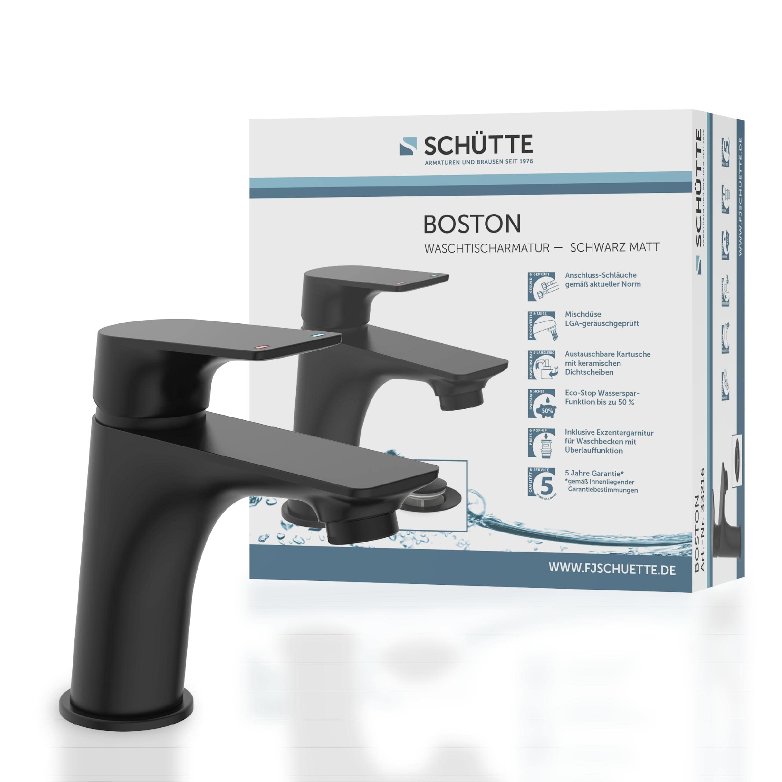 SCHÜTTE 33216 Boston Bathroom Tap Matt Black Basin Mixer Tap Sink Black Modern Single Lever Mixer Tap with Drain Fitting for Your Bathroom