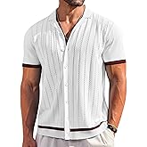 COOFANDY Men's Short Sleeve Knit Shirt Casual Button Down Shirt Vintage Striped Knitted Golf Beach Tops