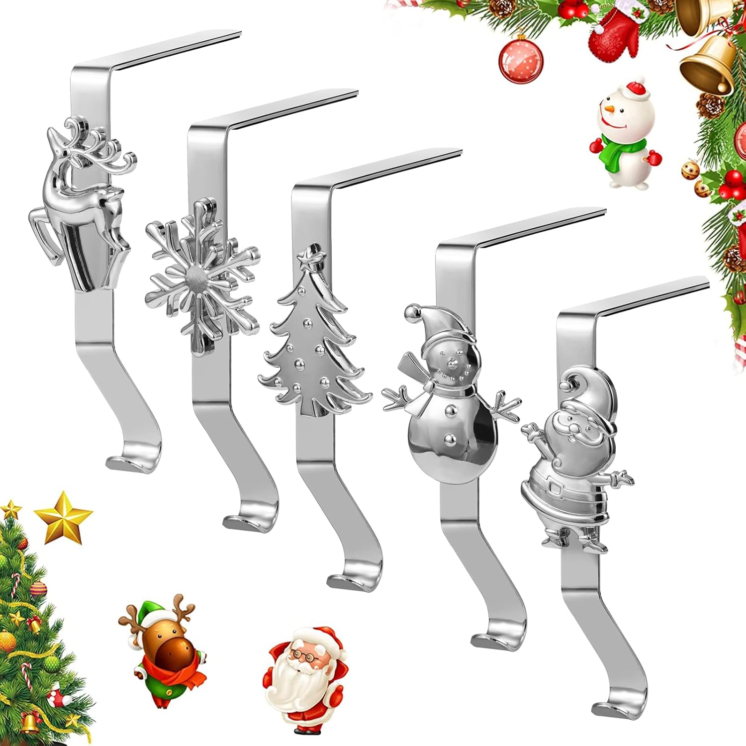 Stockings & Holders - Stocking Holders for Mantle, Set of 5 Christmas Stocking Holders for Fireplace, Stocking Hangers for Mantel, Snowflake Reindeer Tree Santa Stocking Hooks for Christmas Mantel Decoration, Silver