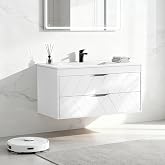CVYIIUJ 30 Inch Bathroom Vanity with Sink, Modern Floating Vanity with Resin Sink, 2 Large Storage Darwers, Wood Grain Texture Wall Mounted Vanity, Metal Handles, Modern White