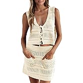 Saodimallsu Womens Crochet Swim Cover Up 2 Piece V Neck Sleeveless Front Tie Crop Tops Beach Mini Skirt Coverup Set