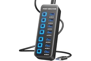 Onfinio USB Hub 3.0 7 Port, USB Data Hub Splitter with LED Individual On/Off Switches and Lights, 5Gbps High Speed USB Port Expander for MacBook, Mac Pro, Mac Mini, iMac, Surface Pro, XPS, PC