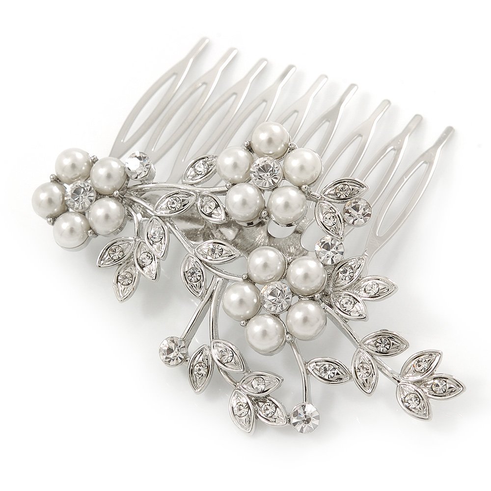 Bridal/Wedding/Prom/Party Rhodium Plated Clear Austrian Crystal, Glass Pearl Triple Flower Hair Comb - 75mm