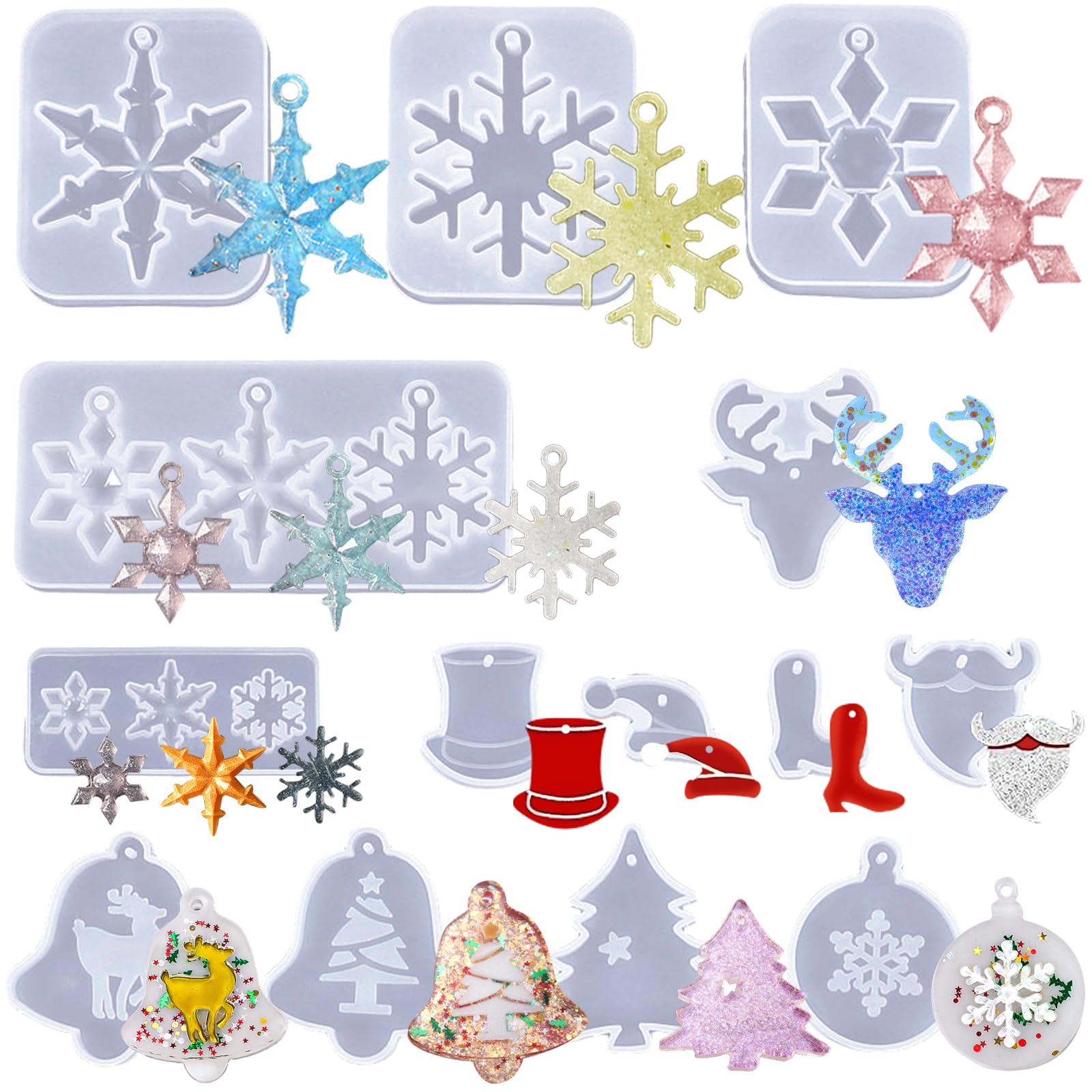 BDSHUNBF 14 Pcs Christmas Moulds - Epoxy Resin & Silicone DIY Xmas Pendent Hanging Ornaments Tree Snowflakes Elk Bell Gift Decoration