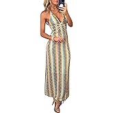 BAIMORE Women's Beach Dress Deep V Neck Backless Striped Bodycon Halter Knit Maxi Dress