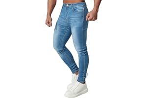 HUNGSON Men's Blue Slim Fit Jeans Stretch Destroyed Ripped Skinny Jeans Side Striped Denim Pants