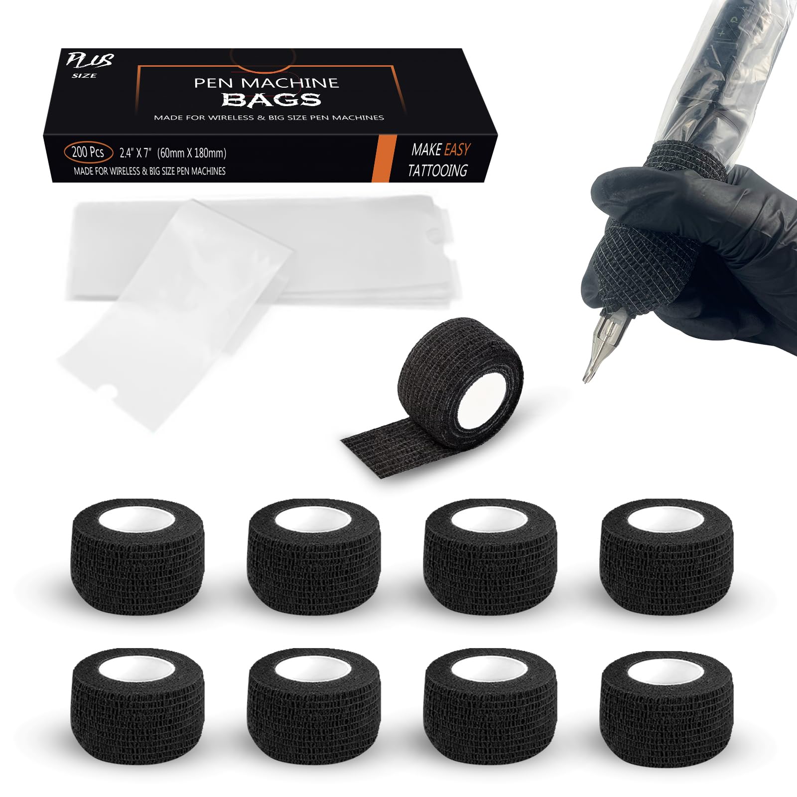 EZ Tattoo Machine Covers with Grip Tapes - 9PCS (1inch x 5 Yard) Grip Wrap with 200pcs (2.4 inch X 7 inch) Disposable Pen Covers — image 1
