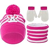 Cutecrop 3 Set Dinosaur Kids Toddlers Winter Knit Hat Scarf Gloves Set for Boys Girls Age 2-4 Pompom Hat Mittens Scarves