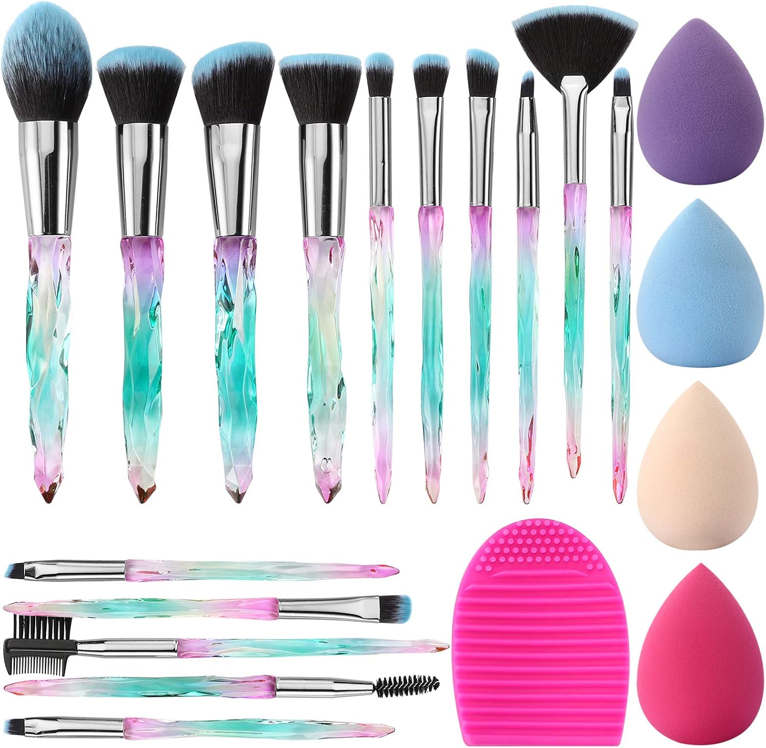 Makeup Brush Set Glamour Gaze 15Pcs Crystal Handles Makeup Brushes Sets Eyeshadow Eyebrow Foundation Brush Set With Makeup Sponge Blender Beauty and Brush Egg