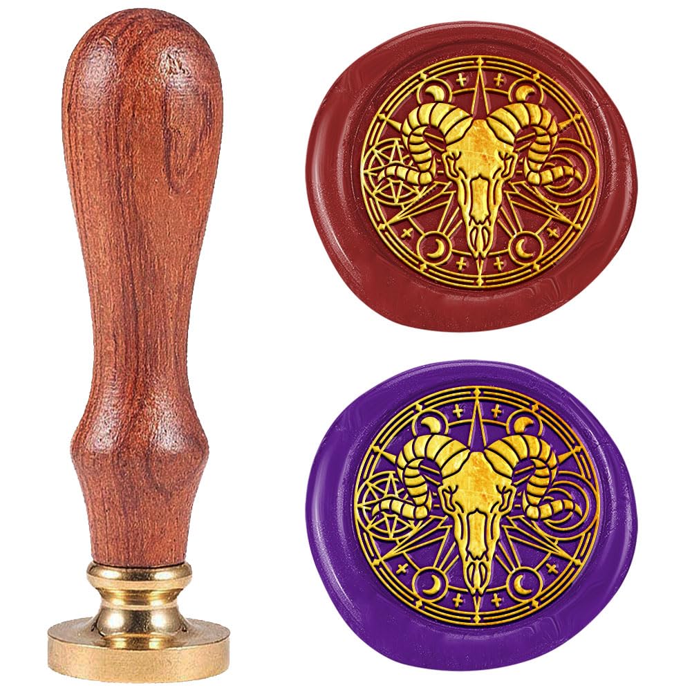 DELORIGIN Astrology Ram Skull Wax Seal Stamp 0.98" Brass Seal Head with Wooden Handle Vintage Embossed Letter Sealing Wax Stamp for Invitations Party Envelope Festival Gift Packag Decorate
