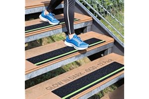 Leyibo 12-Pack 4”x30” Anti Slip Tape with Glow in The Dark Stripe, Pre-Cut Stair Treads Non Slip Traction Tape with Roller for Outdoor/Indoor, Waterproof Non Skid Tape for Stair Step, Easy to Install