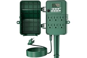 BN-LINK Outdoor Power Stake, 7-Day Programmable Digital Timer, 6 Outlets, 6FT Extension Cord, Waterproof Perfect for Christmas, Halloween, Garden Decorations, ETL Listed