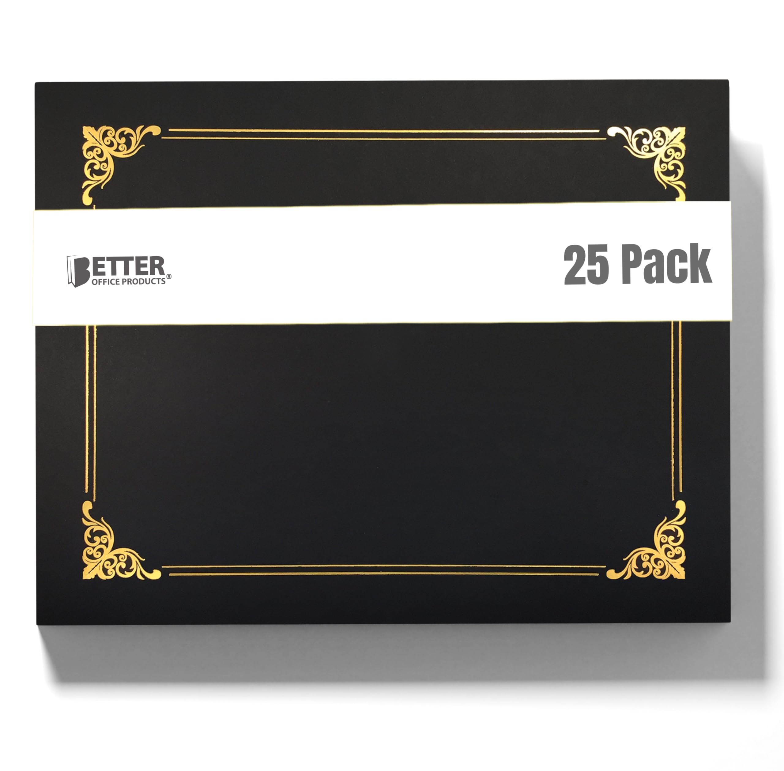 25 Pack Black Certificate Holders, Diploma Holders, Document Covers with Gold Foil Border, by Better Office Products, for Letter Size Paper, 25 Count, Black